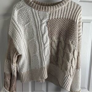 Aerie Women's Two-Tone Cable Knit Sweater - White & Beige